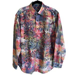 Robert Graham Limited Edition Crystal Buttons Pastel Floral RARE Shirt Men's Lar